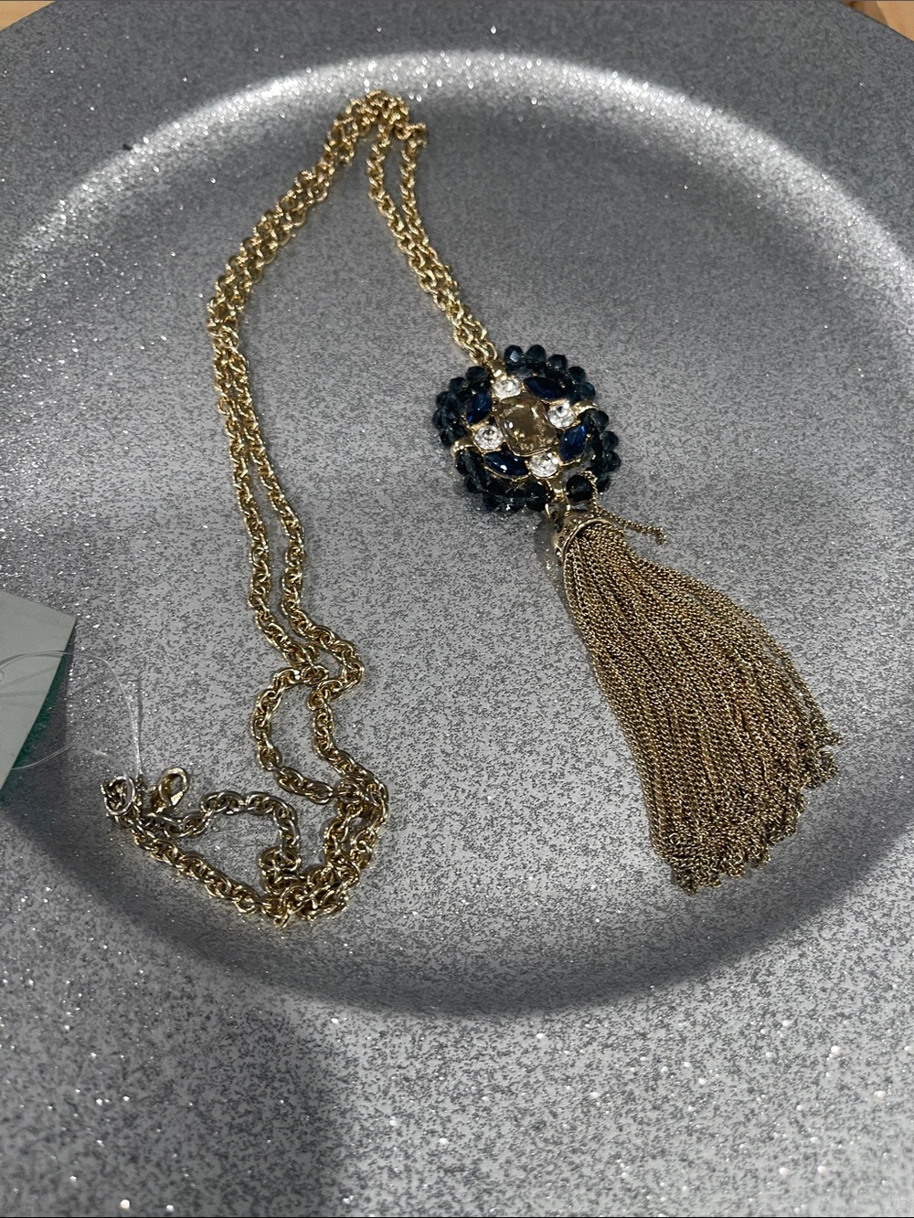 Gold Tassel Pendant Necklace with Navy Crystal Accent